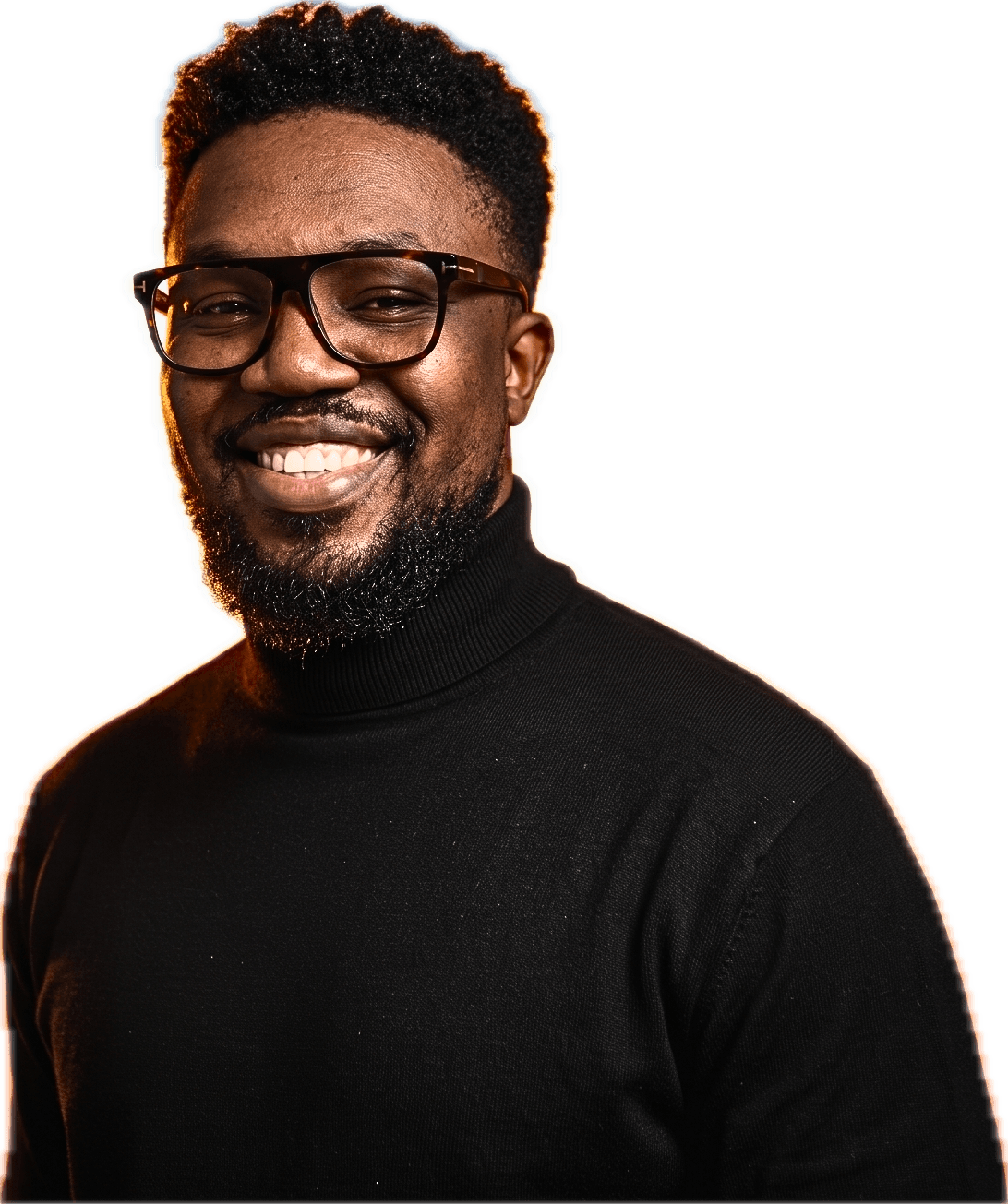 Sydney Scott Sam in a black turtleneck and glasses, smiling